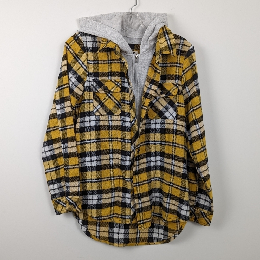 CISONO Plaid Collection Hooded Flannel Shirt with Gray Hood, Size Medium